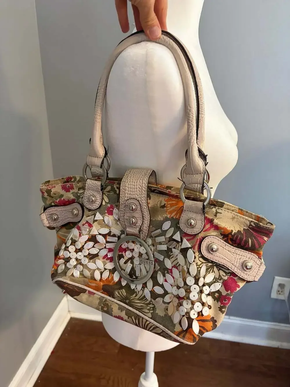 Guess Shoulder Handbag Purse Mother of Pearl Beading Flowers Canvas